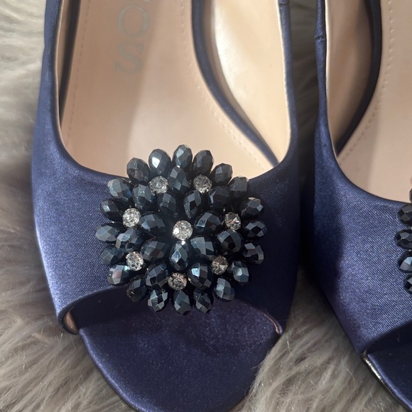 Caparros Navy Blue Satin Peep Toe Slingback Heels with Rhinestones Size 9 - Picture 3 of 11